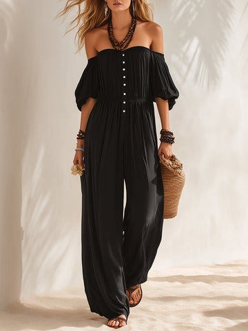 Bohemian Black Off-Shoulder Puff Sleeve Loose Jumpsuit
