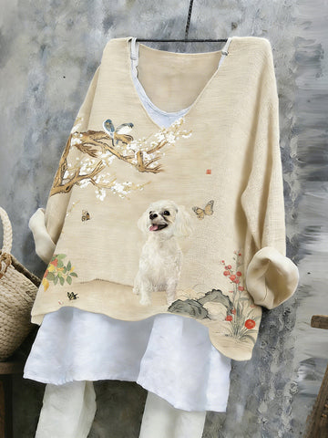 Women's Cute Maltese With Floral Ink Art V-neck Linen Blend T-shirt