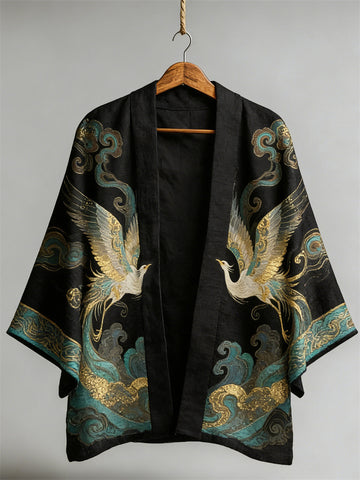 Japanese Classy Phoenix & Clouds Art Linen Kimono