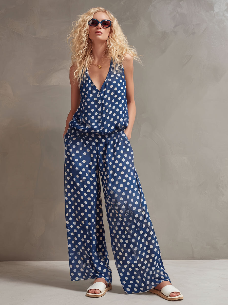 Vacation Retro Polka Dot Blue Chiffon Sleeveless Shirt And Wide-Leg Pants Set
