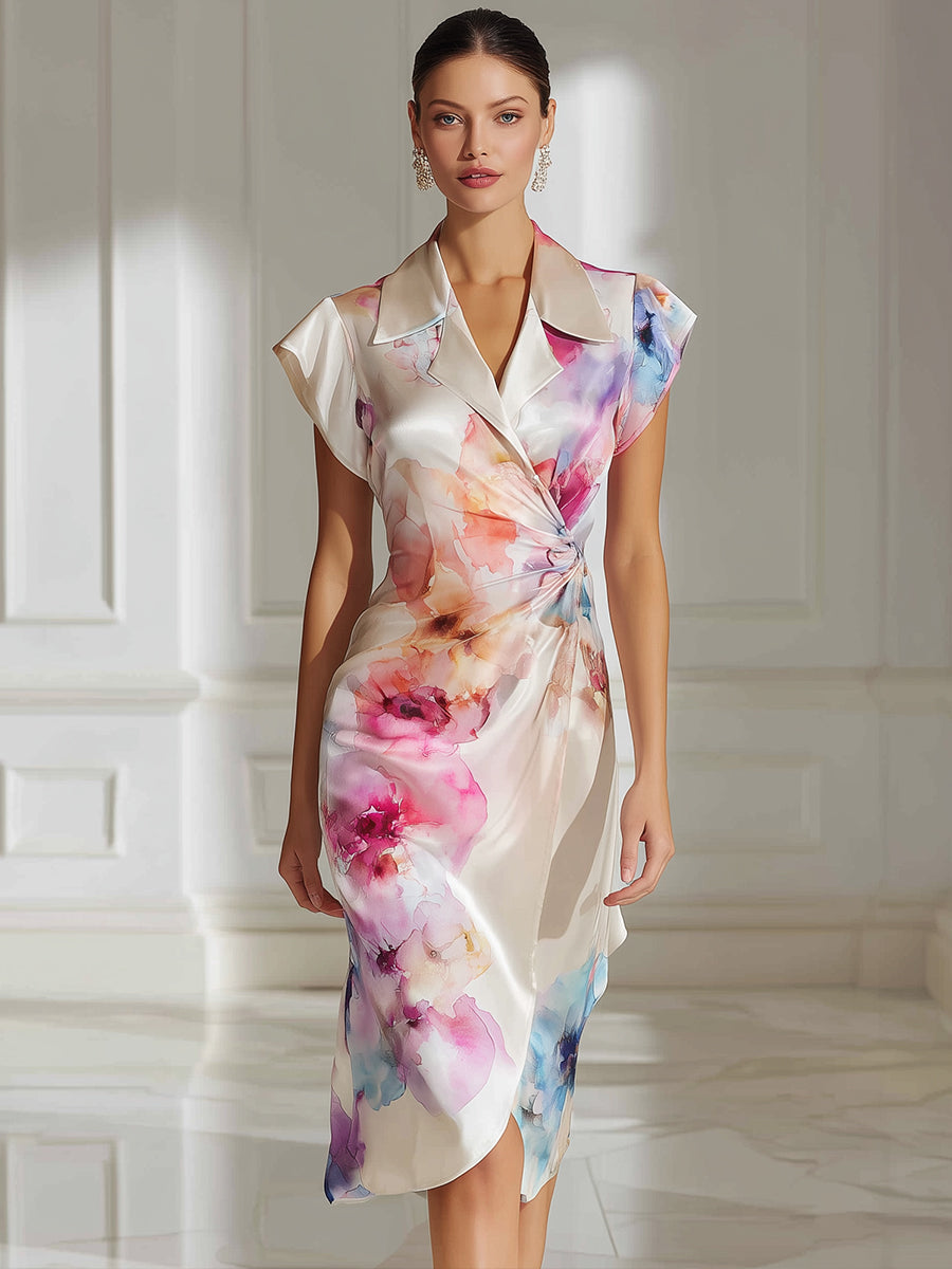 Watercolor Floral Satin Wrap Midi Dress