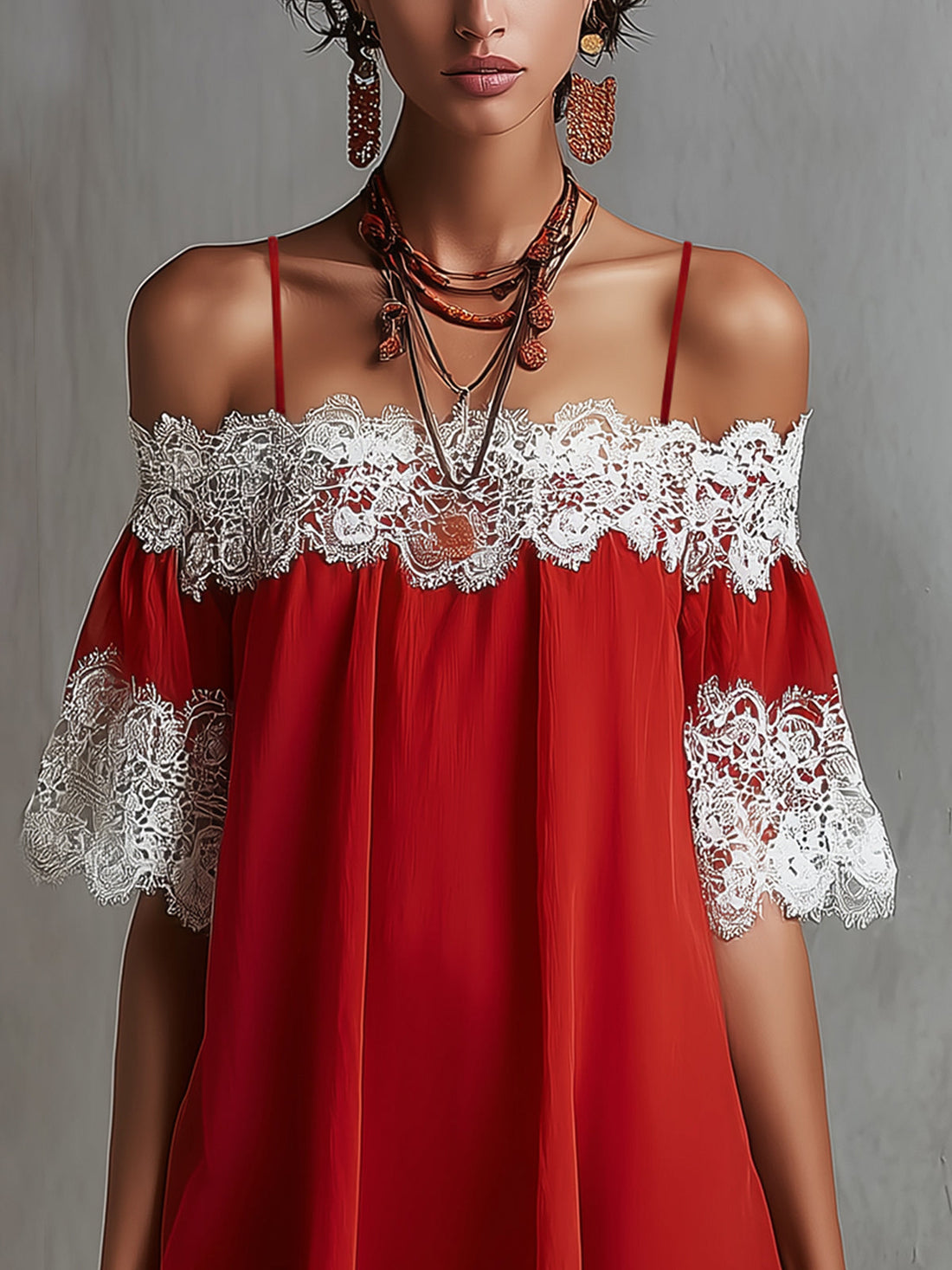 Red Off-Shoulder Mini Dress With White Lace Trim