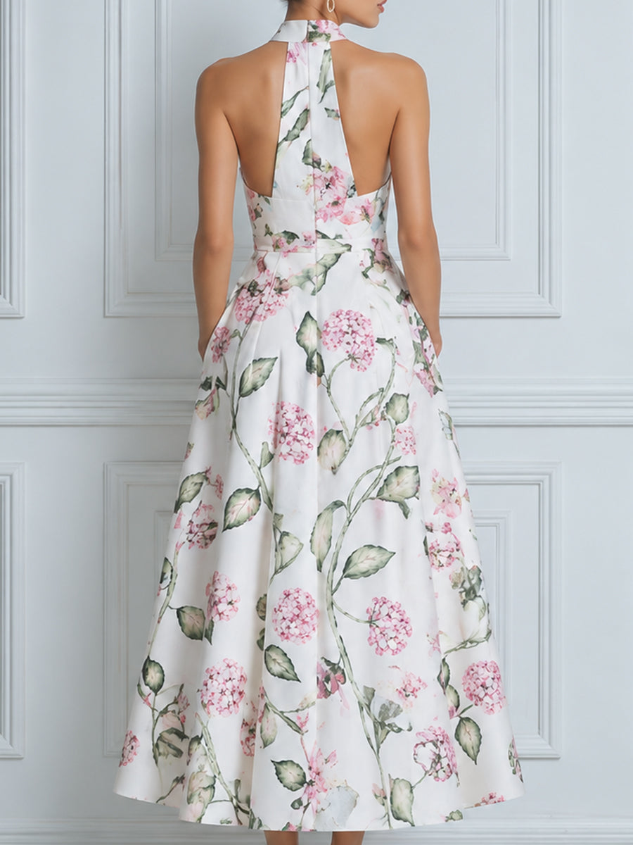 High Neck Halter Floral A-Line Midi Dress