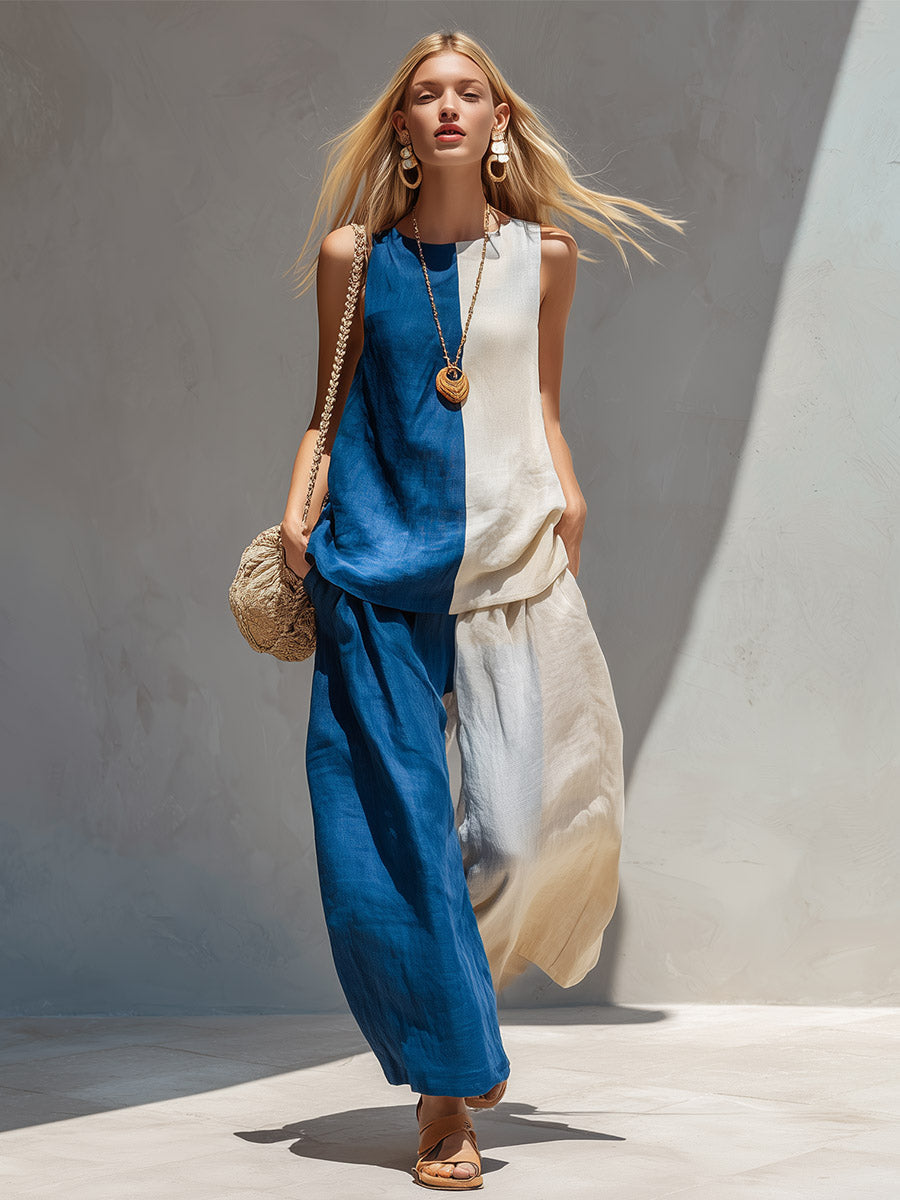 Elegant Urban Color-Block Cotton-Linen Vest & Trousers Set