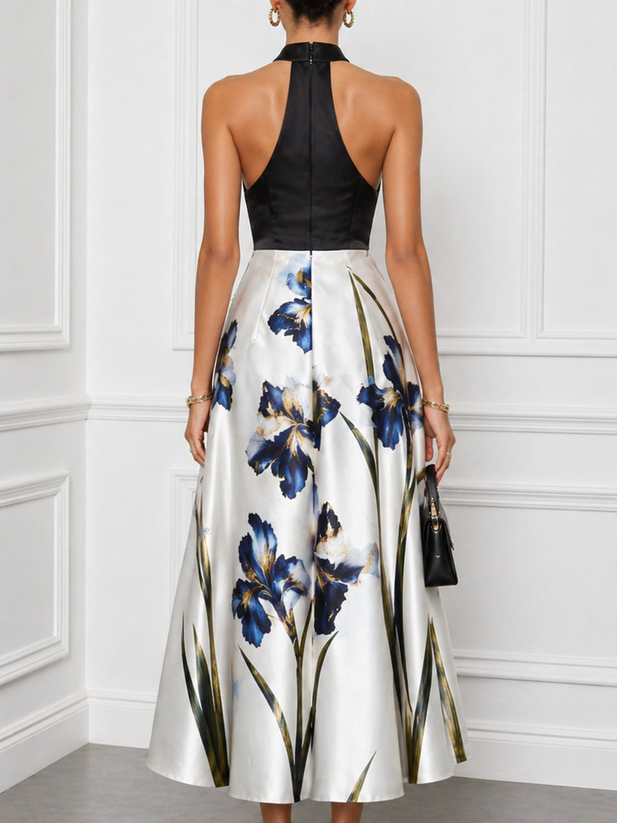 Halter Neck Contrast Bodice Floral A-Line Midi Dress