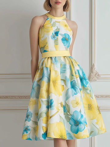 Halter Neck Yellow Blue Floral Print A-Line Midi Dress