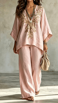 Women's Cotton-Blend Pink Embroidered Print V-Neck Wide-Leg Pants Set