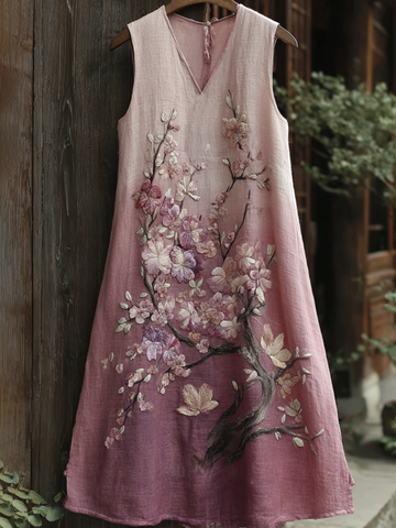 Women's Plum Blossom Embroidery Art V Neck Comfy Midi Dress