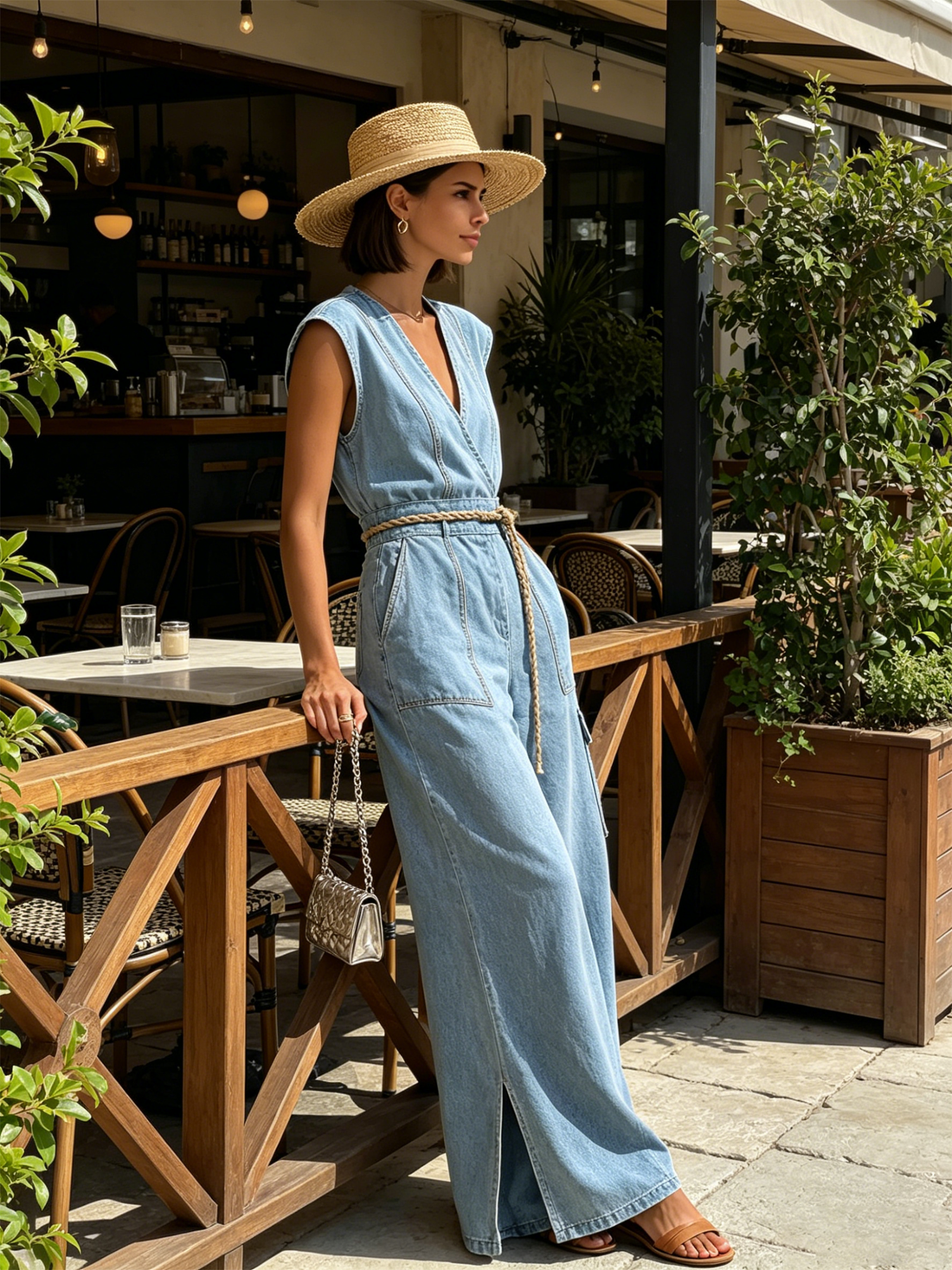 Light Blue Tencel Denim Sleeveless Wrap Jumpsuit