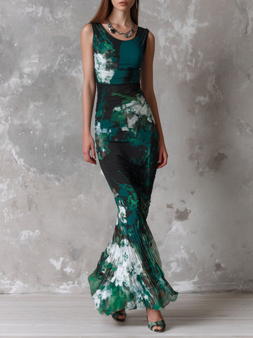 Retro Elegant Emerald Bloom Sleeveless Pleated Maxi Dress