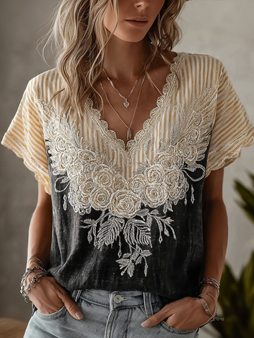 Butterfly Flower Embroidery Patchwork Striped Design Women's Summer Linen T-shirt
