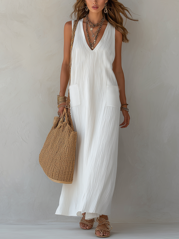 White Textured V-neck Sleeveless Dress