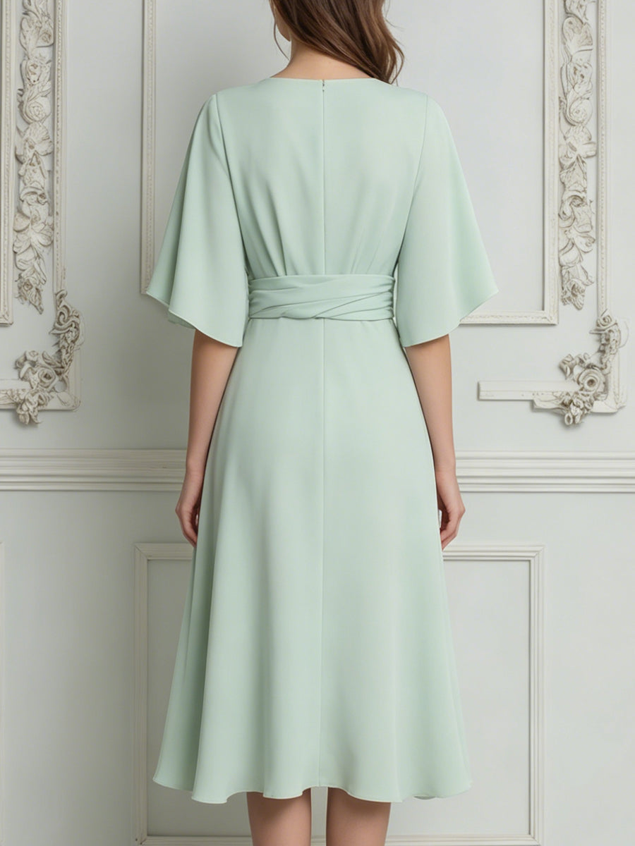 Mint Green Chiffon Flutter‐Sleeve Twist‐Waist Midi Dress