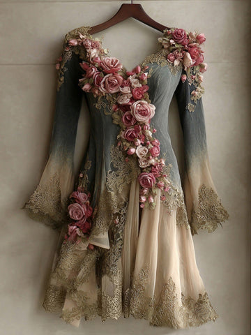 Women's Vintage Rose Gradient Art V-neck Long Sleeve Midi Dress
