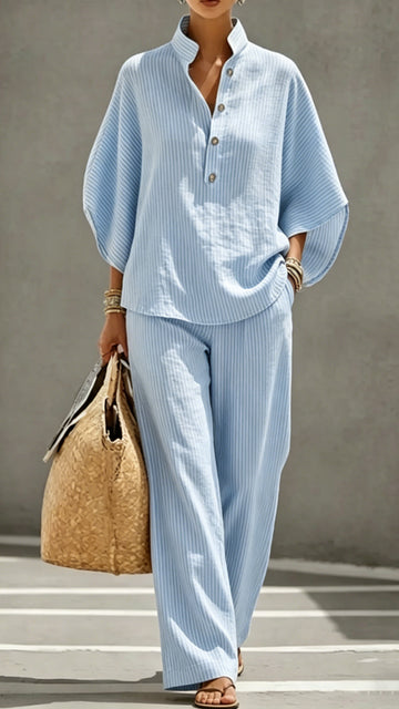 Women's Striped Linen-Cotton Batwing Sleeve Two-Piece Set