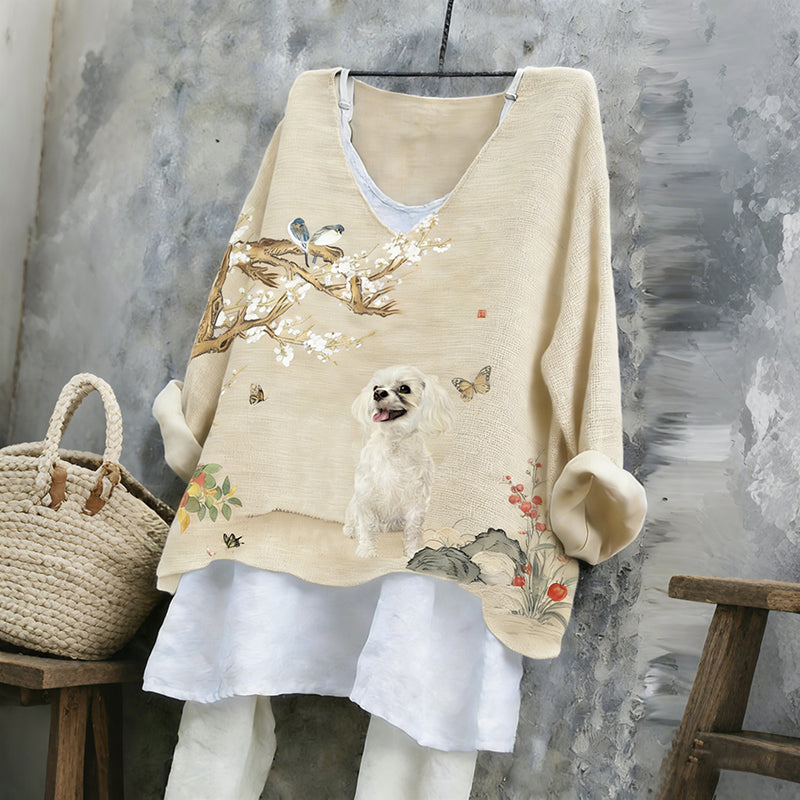 Women's Cute Maltese With Floral Ink Art V-neck Linen Blend T-shirt