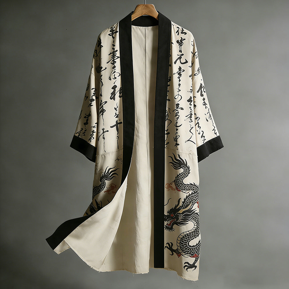 Retro Japanese Dragon Art Flowing Linen Long Kimono