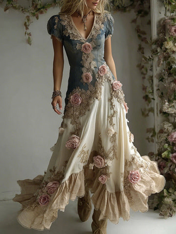 Women's Bohemian Pink Rose Patchwork Art V-neck Short Sleeve Maxi Dress