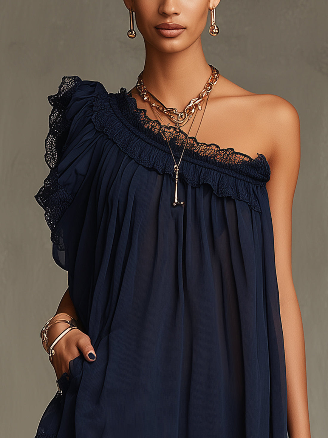 Navy One-Shoulder Mini Dress With Lace Trim And Ruffle Detail