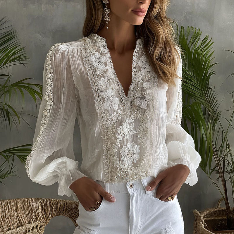 Women's Floral Embroidery Casual Linen Blend V-neck T-shirt
