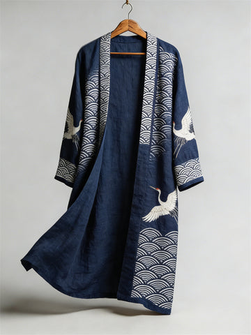 Japanese Cranes Sea Waves Flowy Long Linen Kimono