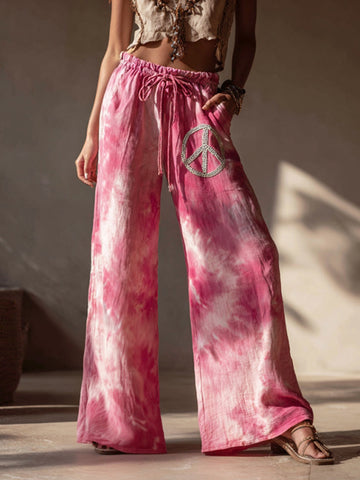 Women's Vintage Hippie Tie-dye Peace Print Casual Pants