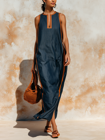 Tencel Denim Contrast Trim Sleeveless Maxi Dress