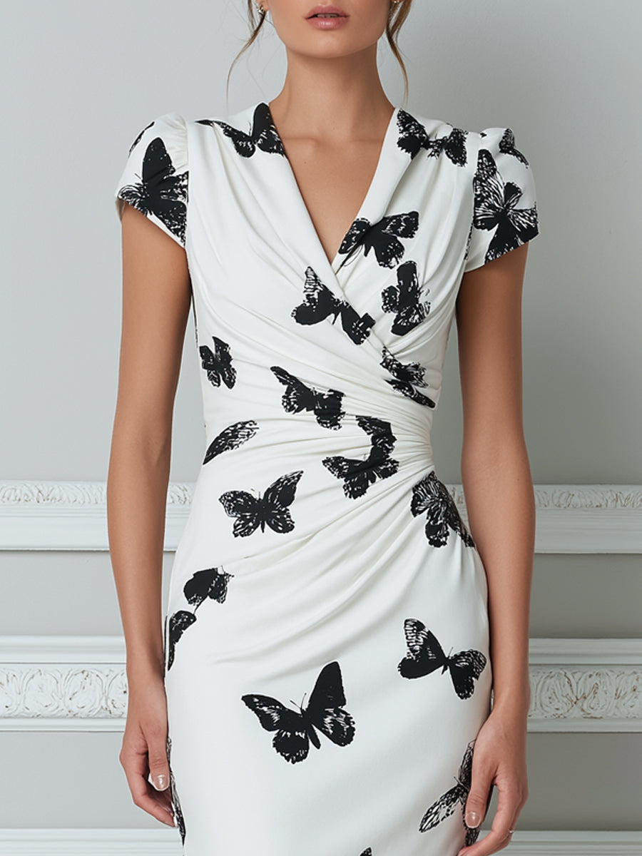 White & Black Butterfly Print V‐Neck Ruched Midi Dress