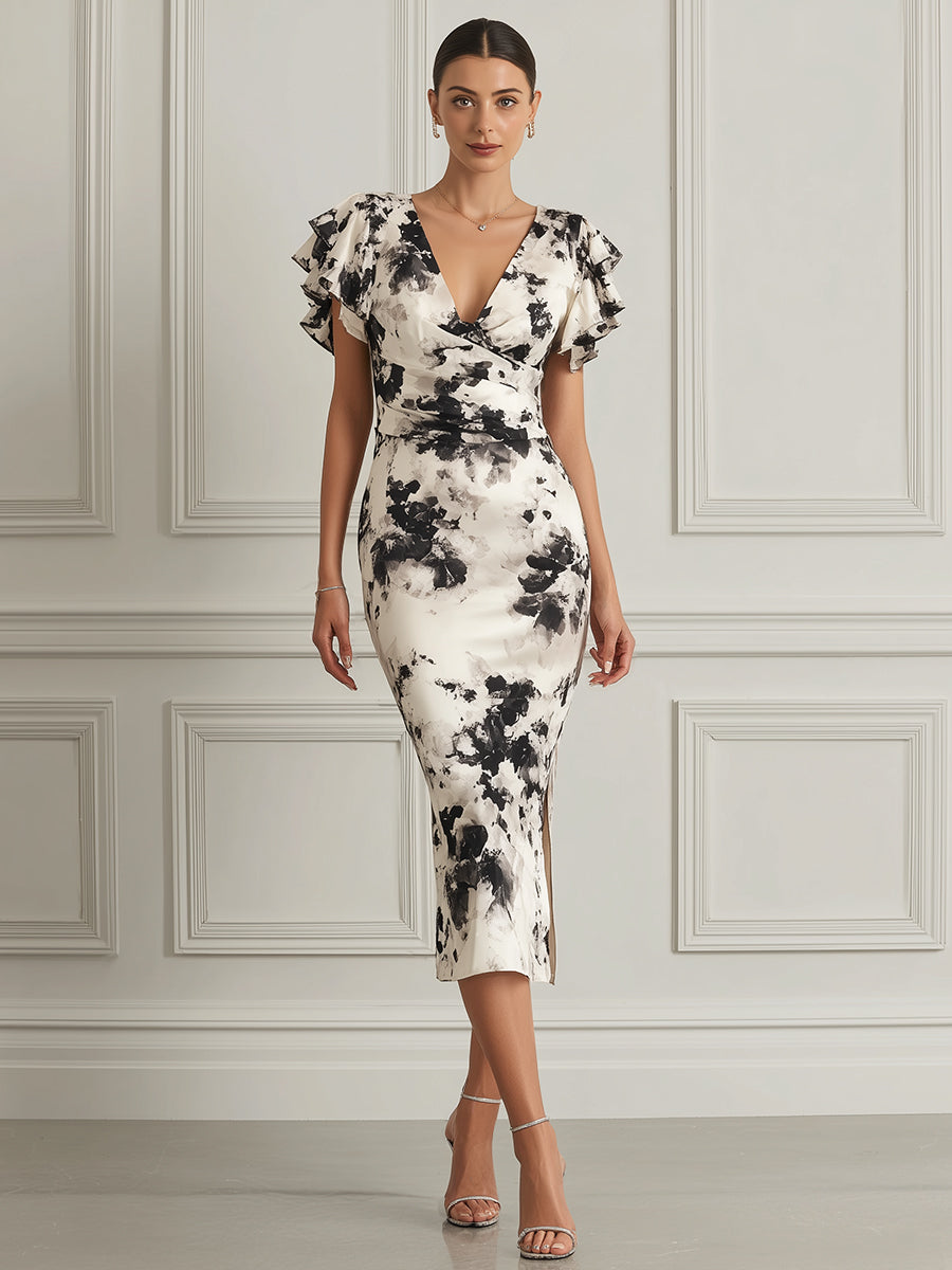 Monochrome Bloom Flutter-Sleeve Midi Dress