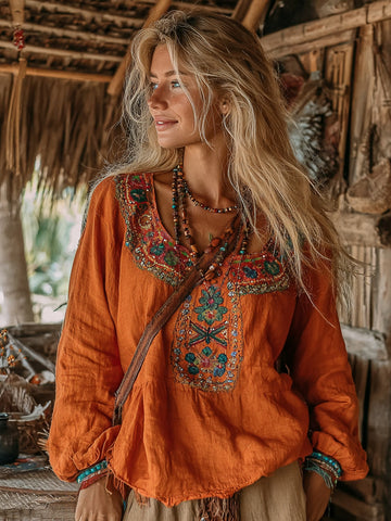 Women's Vintage Vacation Boho Tribal Ethnic Print Round-neck Linen Blend Tops