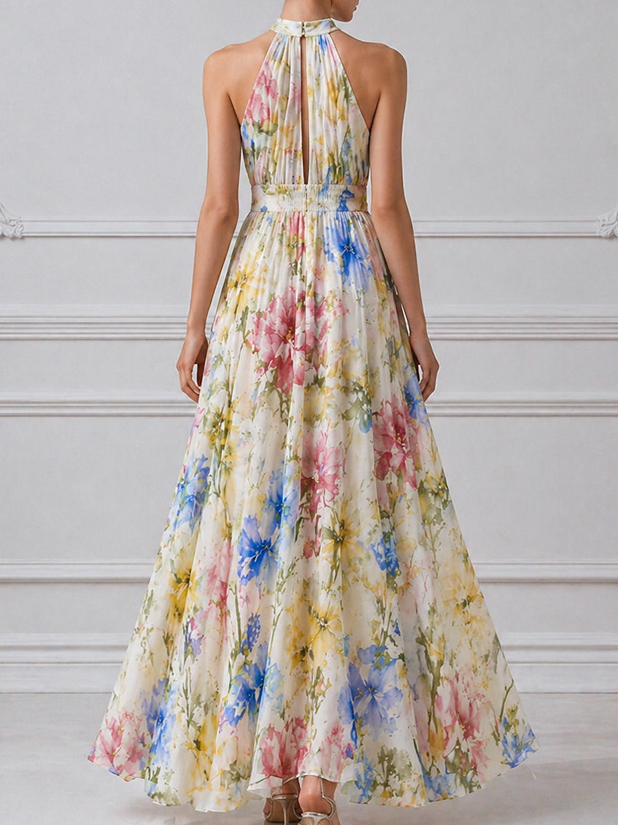 Halter Neck Floral Print Flowing A-Line Maxi Dress