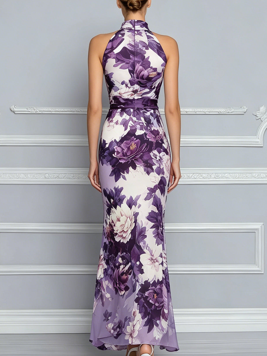 Elegant Halter Neck Purple Floral Print Chiffon Maxi Dress