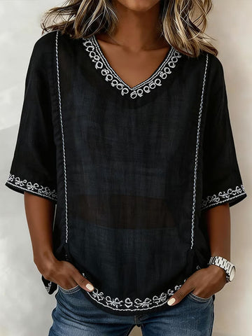 Women's V-neck 3/4-sleeve Casual Loose Cotton-linen Top