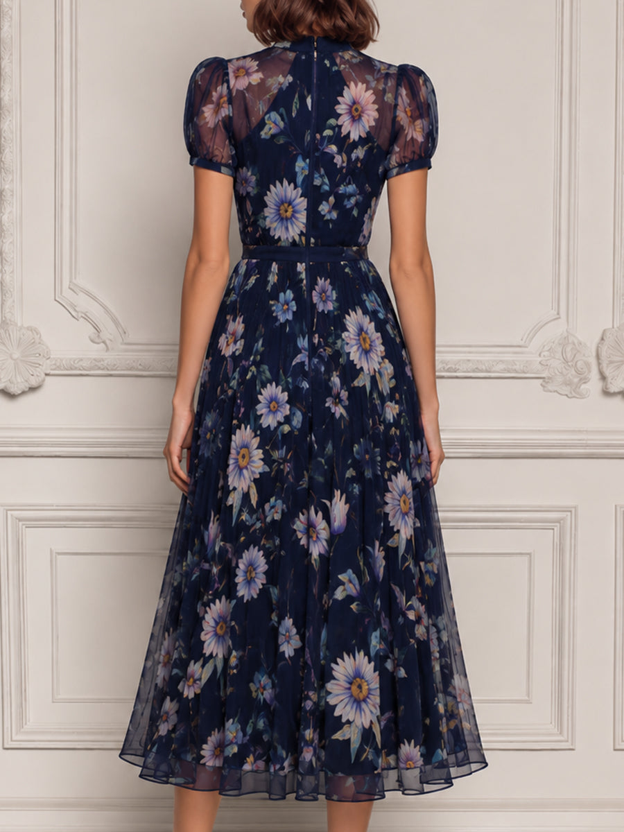 Navy Floral Print Chiffon High‐Neck Puff‐Sleeve Midi Dress
