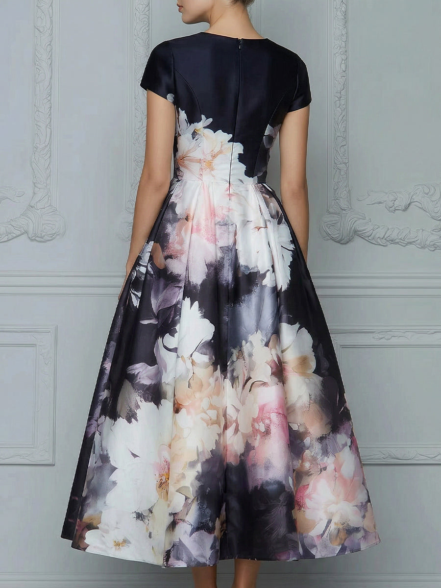 Floral Print Structured Cap Sleeve A-Line Midi Dress