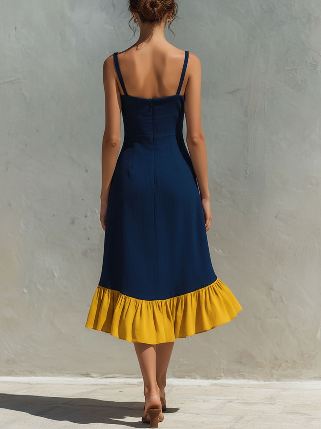 Navy Blue & Yellow High-Low Ruffle Hem Cami Dress