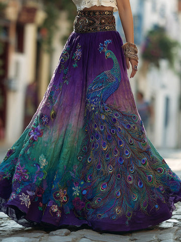 Women's Retro Floral With Peacock Art Linen Blend Casual Maxi Skirt