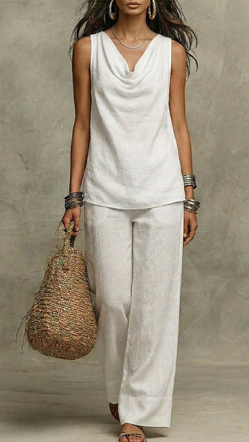 Women's Solid-Color Casual V-Neck Two-Piece Set