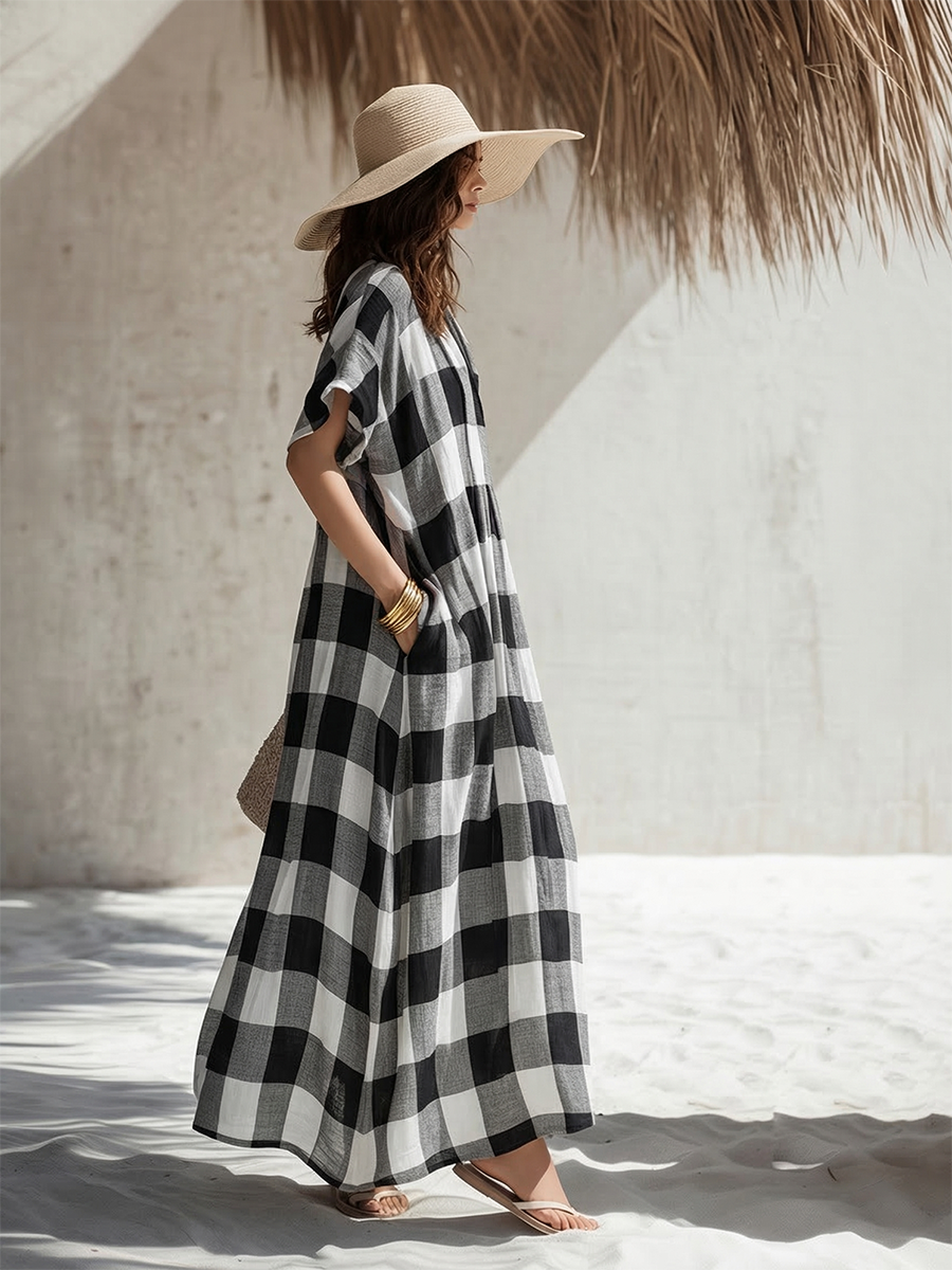 Simple Casual Short-Sleeve Black White Plaid Cotton-Linen Maxi Dress