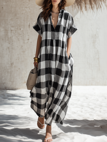 Simple Casual Short-Sleeve Black White Plaid Cotton-Linen Maxi Dress