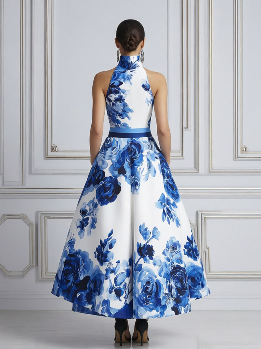 Sleeveless Open-Shoulder Blue Floral Print A-Line Midi Dress