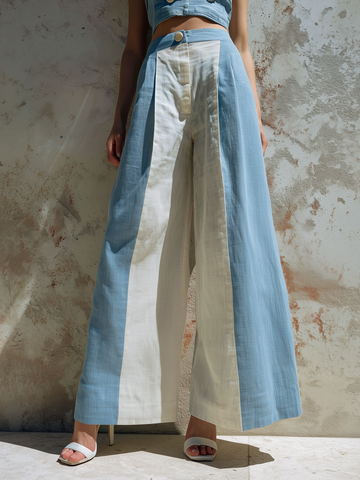 Blue & White Colorblock Linen Wide Leg Pants