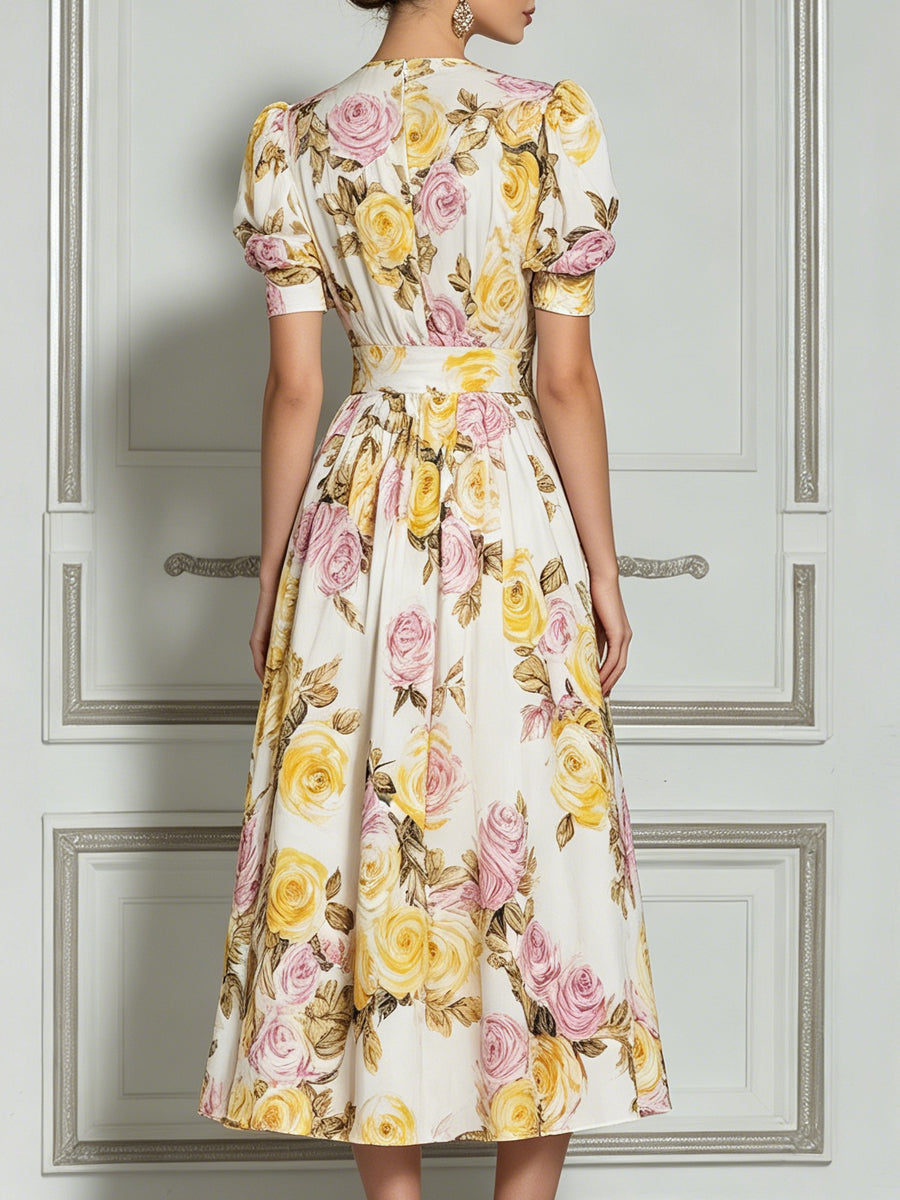 Yellow & Pink Rose Print Puff Sleeve A-Line Midi Dress