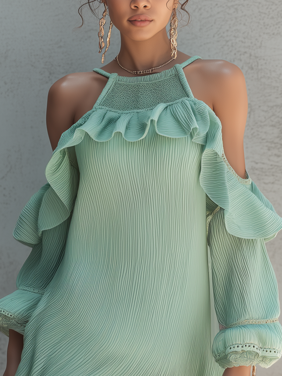 Mint Green Cold Shoulder Textured Mini Dress With Ruffle