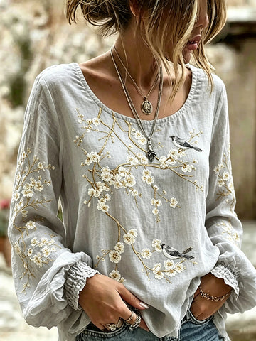 Women's Vintage Floral And Bird Art Crew Neck Long Sleeve Linen Blend T-shirt