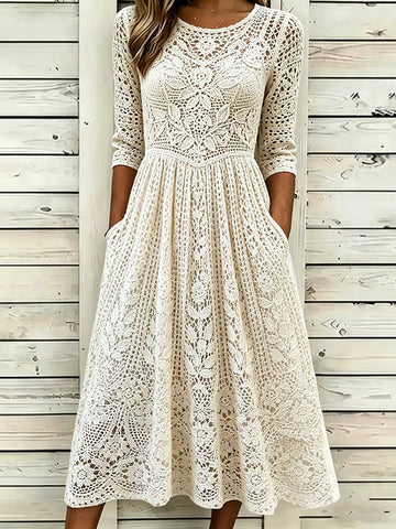 Classy Floral Lace Embroidery Art Cozy Linen Maxi Dress
