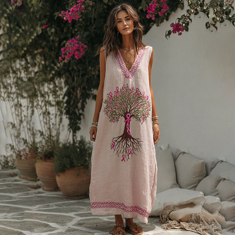 Women's Tree Of Life Pink Ribbon Embroidery V Neck Tank Midi Dress