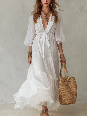 Women's V-neck Lace Trim Dress