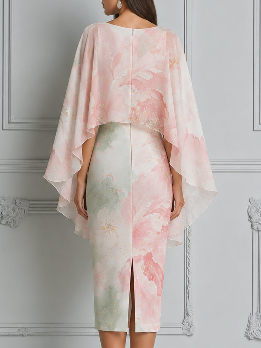 Round Neck Cape Sleeve Watercolor Pink Floral Print Dress