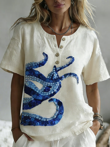 Retro Ocean Octopus With Buttons L Pattern Linen V-neck Shirt